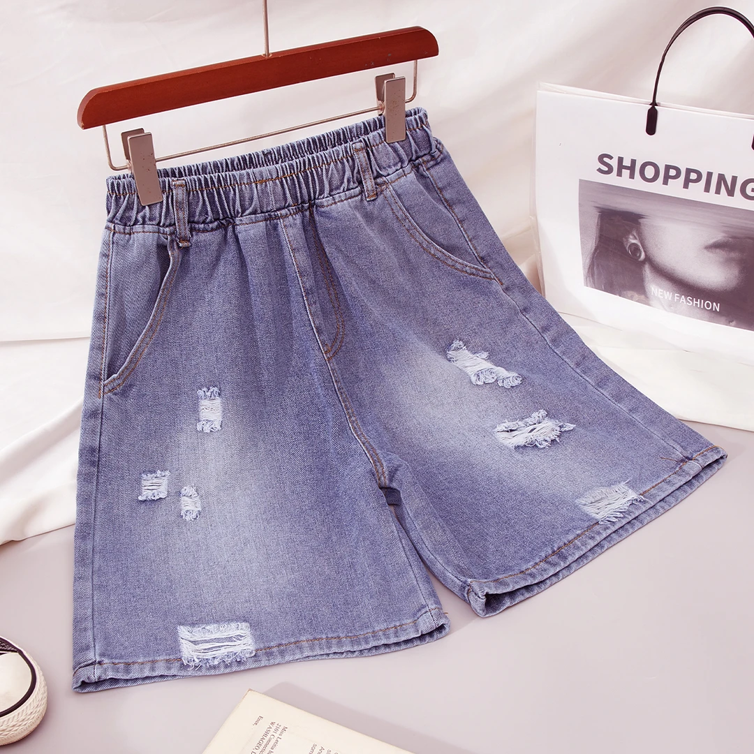 胖mm夏季薄款破洞牛仔短裤大码阔腿中裤直筒松紧宽松小个子五分裤