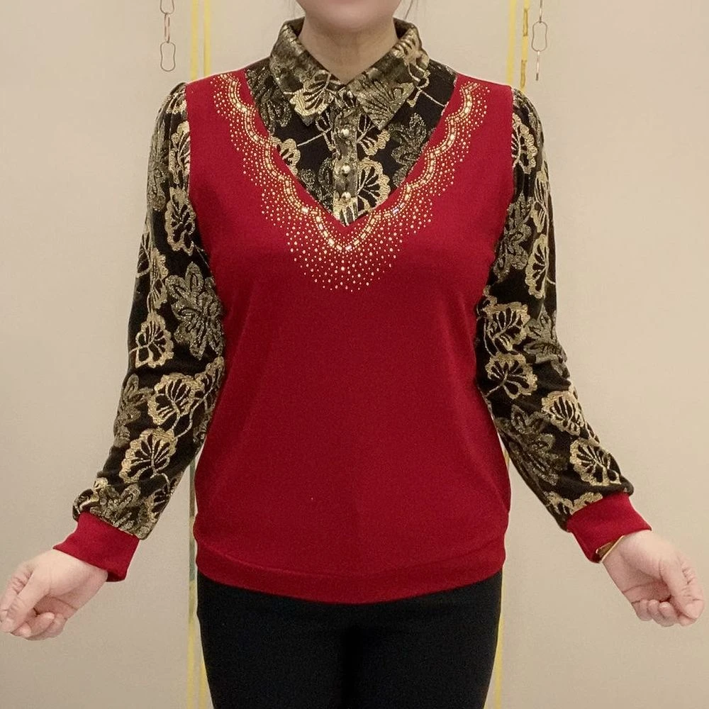 2025秋季新款长袖拼接碎花衬衫时尚百搭国风妈妈装假两件显瘦上衣