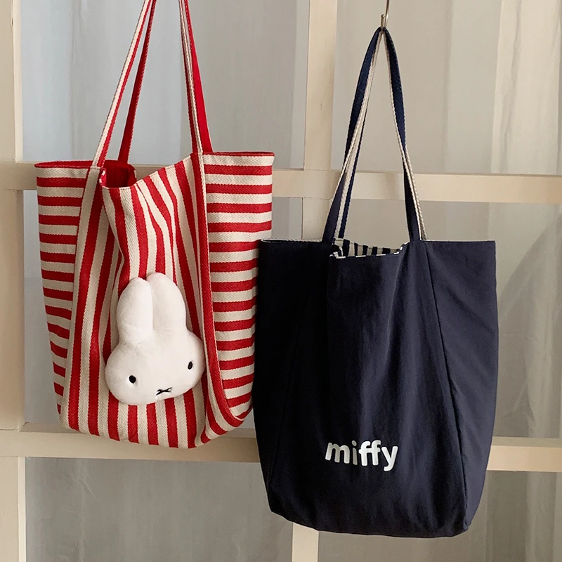 MIFFY米菲双面背条纹帆布包托特休闲包单肩大容量购物袋可爱学院
