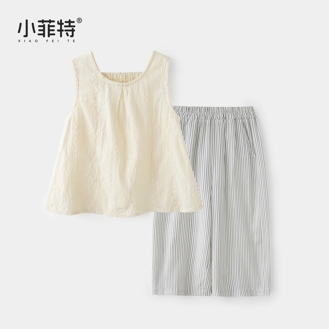 小菲特夏季新款女童无袖套装休闲衣服女孩条纹裤两件套YNTX52136