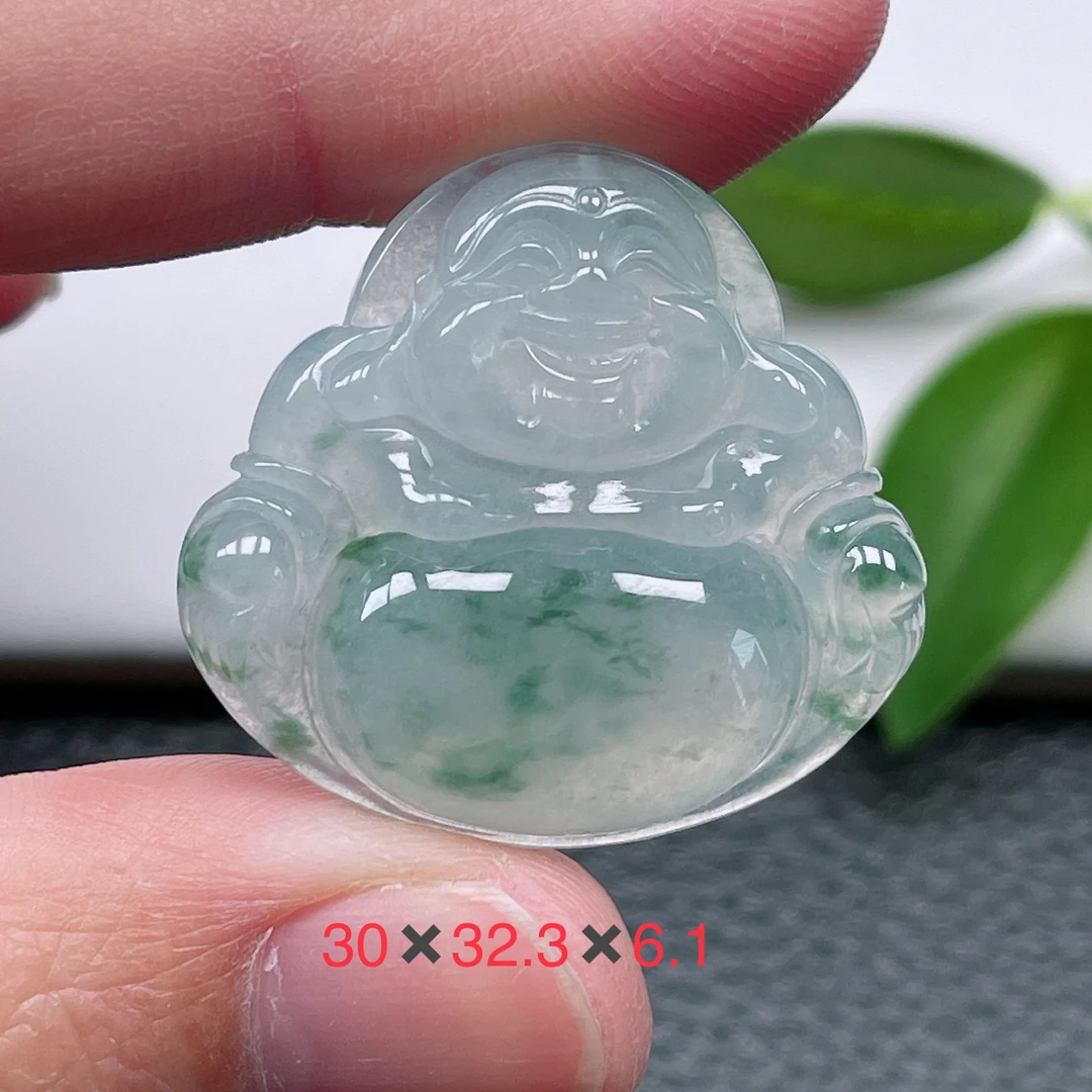 鑫诚天然翡翠A货～冰种飘绿花大肚佛公吊坠冰润玉佛笑佛挂件72