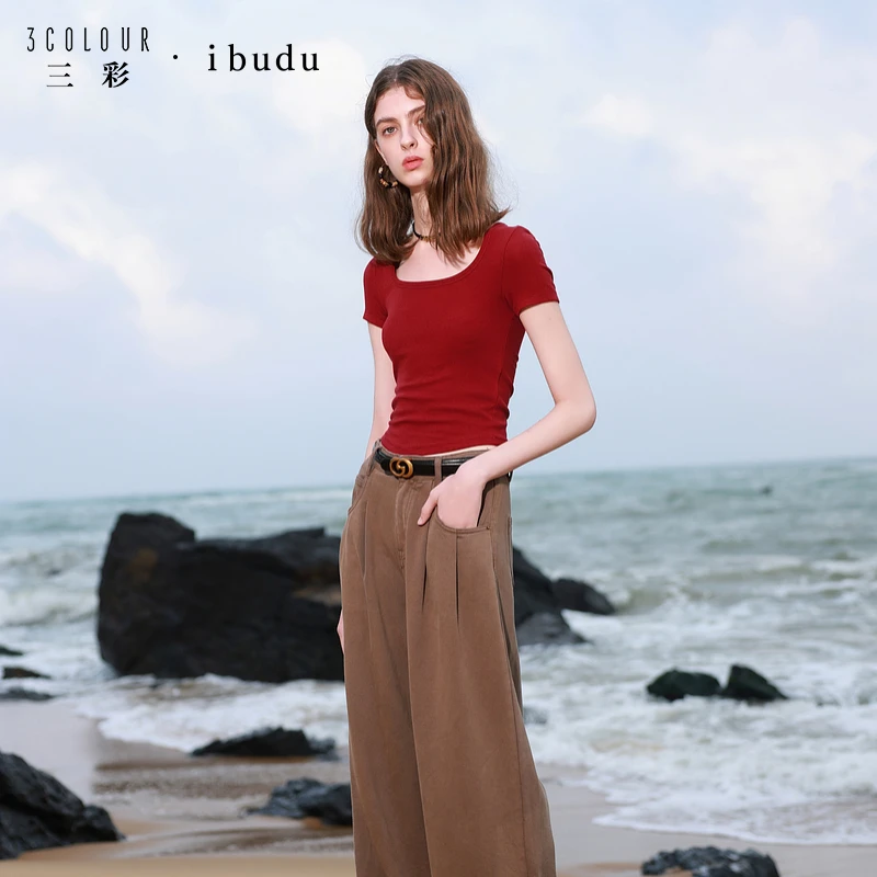 三彩ibudu2025夏季新款纯色U领T恤正肩短袖修身显瘦短款套头衫女