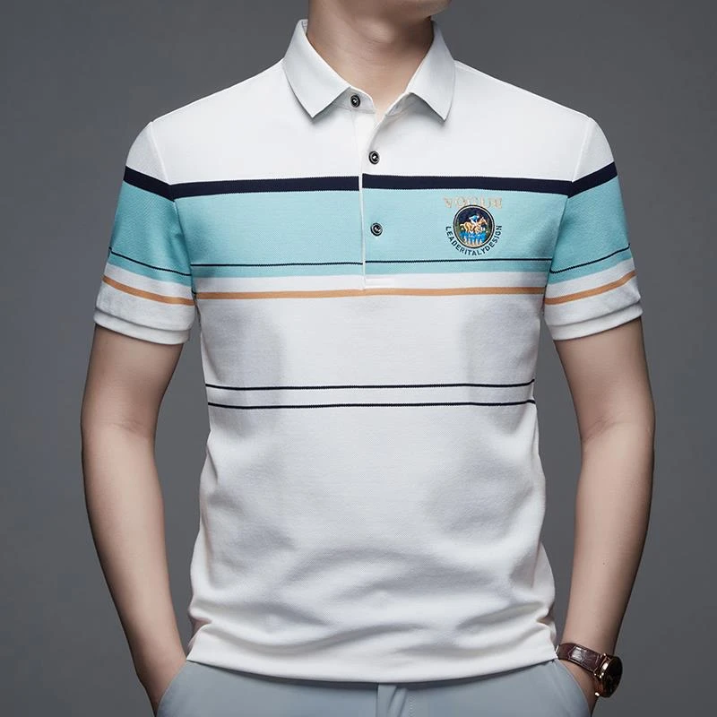 男士短袖POLO衫夏季翻领丝光棉条纹撞色半袖T恤商务休闲上衣T恤男