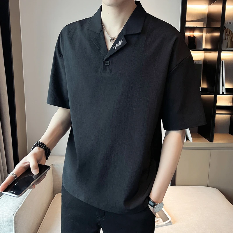 POLO衫男士夏季冰丝宽松五分袖高级感刺绣休闲V领衬衣雅痞气质