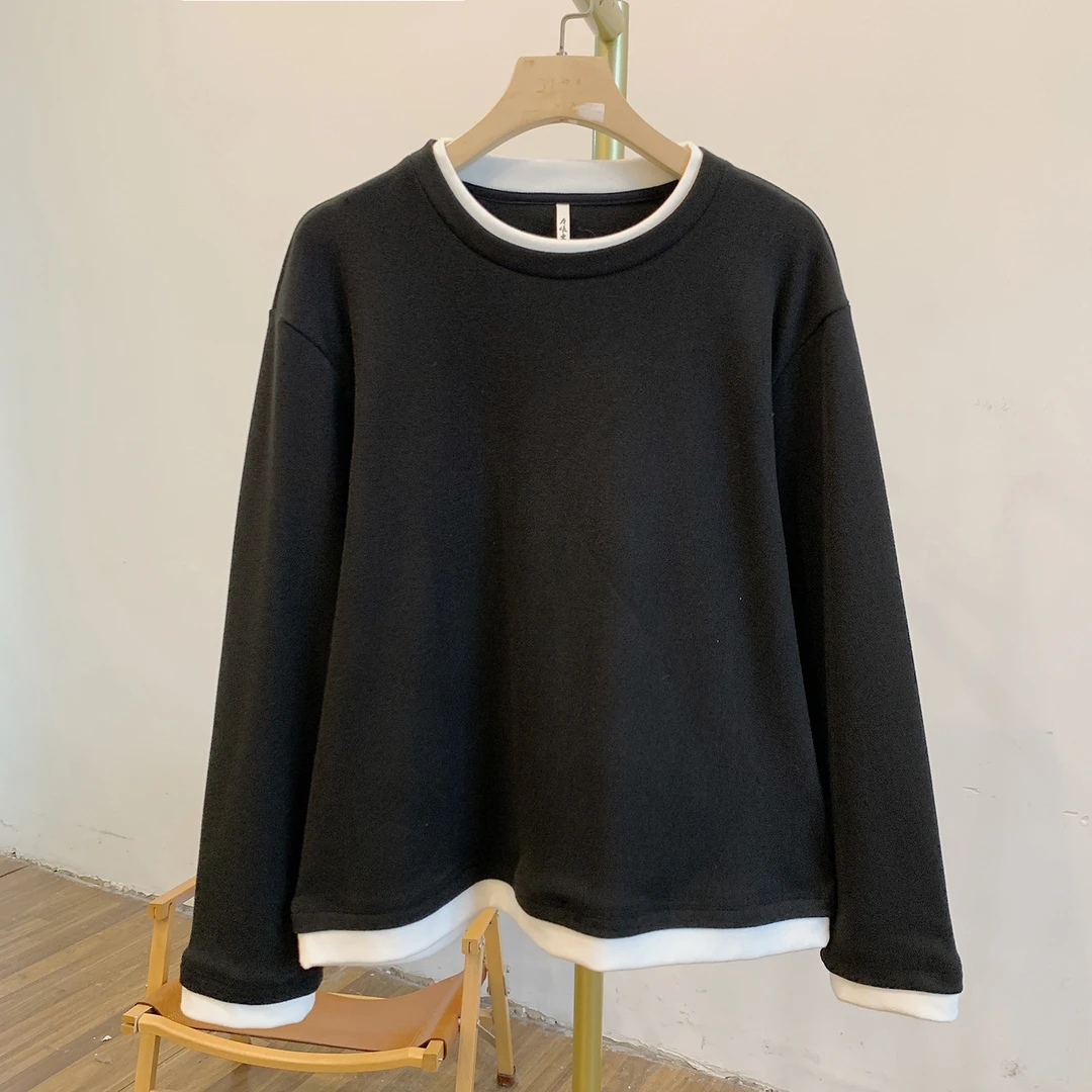 拼色打底C4919磨毛德绒拼色假两件圆领长袖T恤