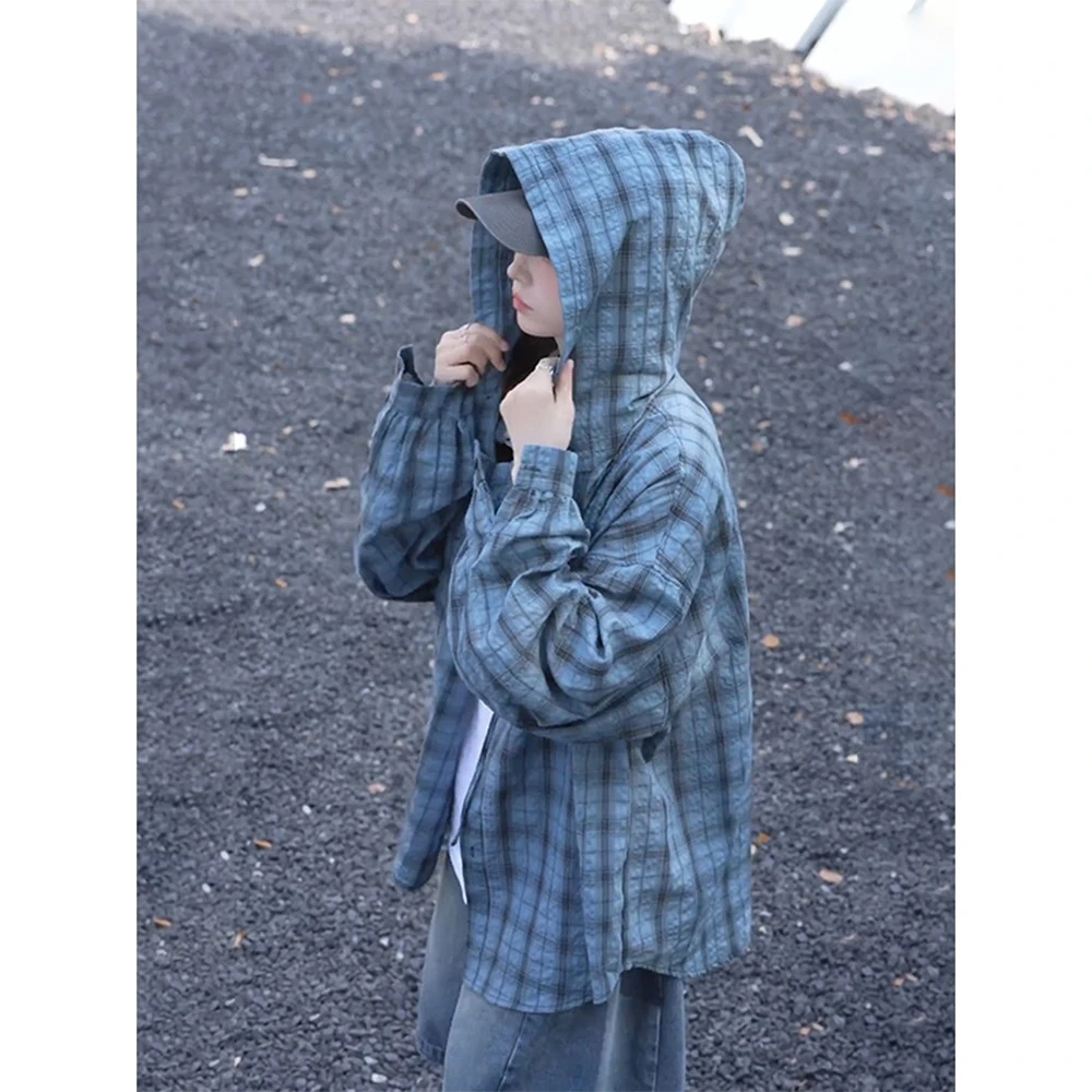 蓝色长袖衣男女款夏季美式复古格子衬衫户外轻薄连帽情侣外套