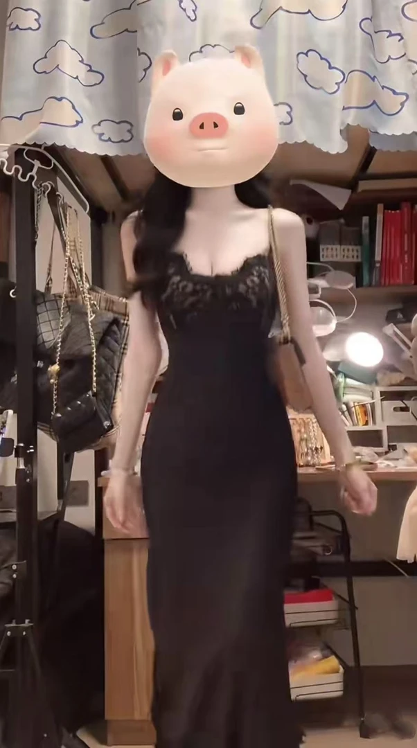 【B Y】性感纯欲蕾丝吊带连衣裙夏季新款气质名媛V领收腰包臀鱼尾裙