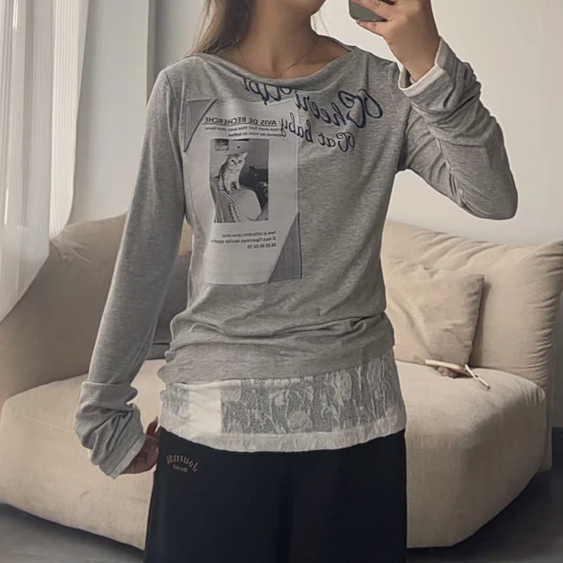CHEERUPUNIFORM25春季新品寻猫启示假两件百搭长袖T恤时尚打底衫