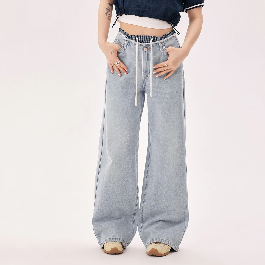 CHUU夏季女装格纹拼接松紧腰系带设计毛边阔腿牛仔裤