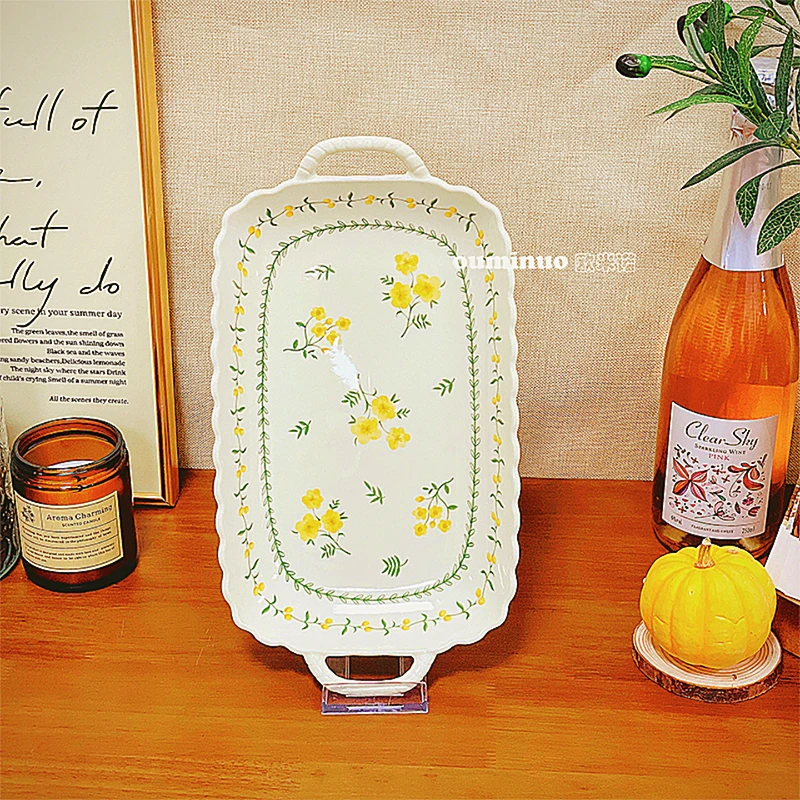 【春日来信鱼盘】12英寸双耳鱼盘釉下彩烤盘长方形花边盘子创意