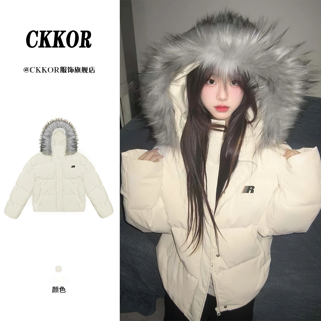 CKKOR冬季新款加厚保暖棉服外套男女款美式高街宽松毛领连帽棉衣
