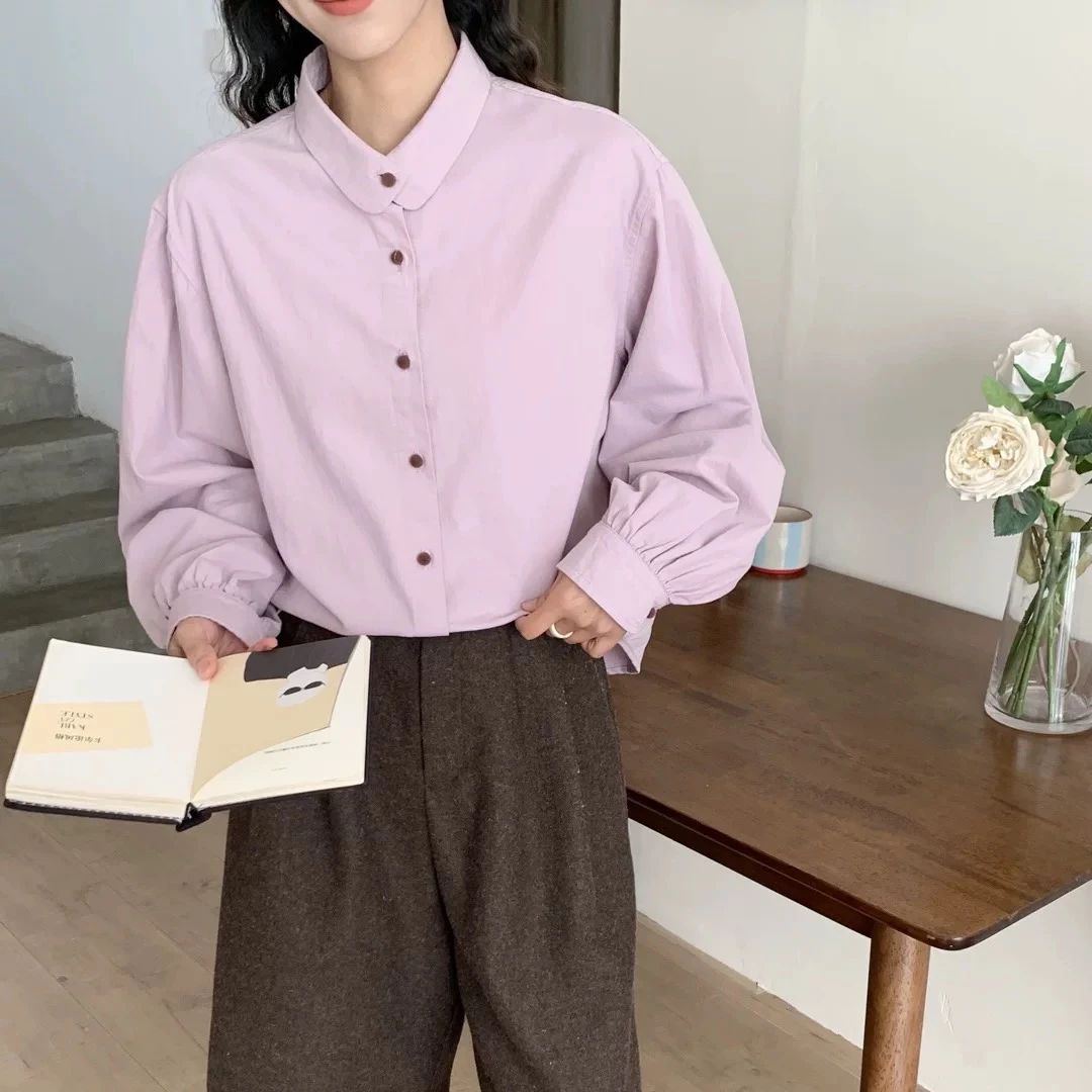 素调温柔 纯棉磨毛加厚衬衫慵懒风复古娃娃领叠穿洋气衬衣