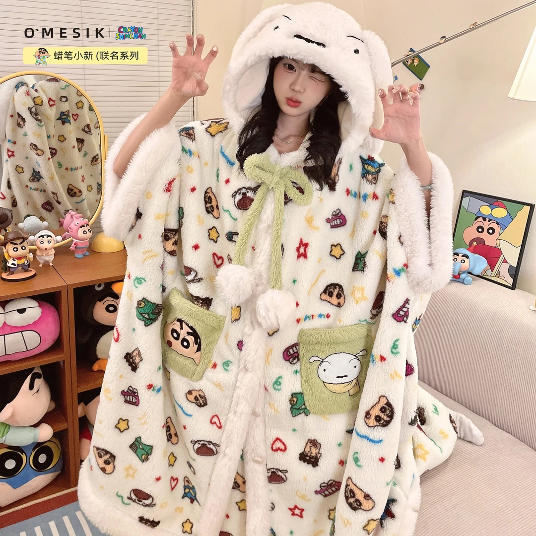 奥美诗嘉蜡笔小新联名秋冬睡袍女2025新款睡衣加绒斗篷家居服套装