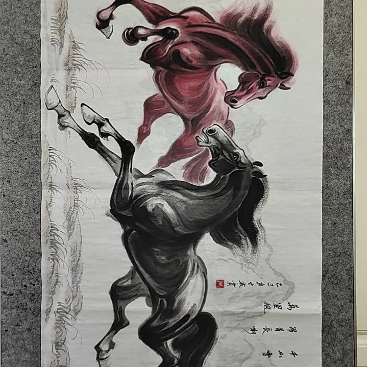 横款周士宸水墨写意奔马图