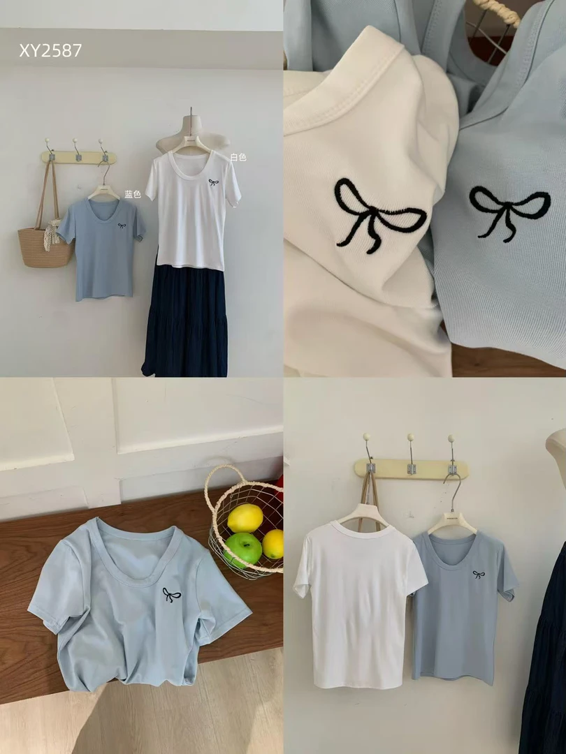 EVE 福（1exy2587#）蝴蝶结刺绣 休闲正肩T恤 5-26
