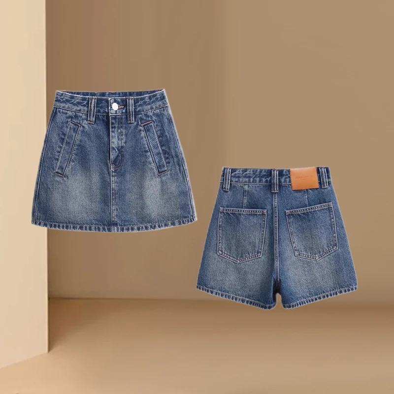 2025夏季大码女前裙后裤高腰百搭牛仔短裤胖mm遮胯显瘦a字裙裤