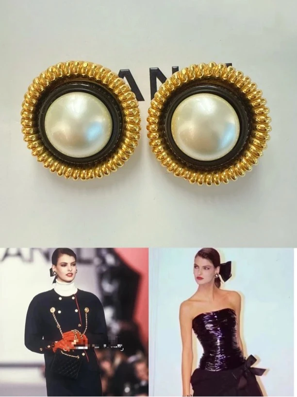 95新 Chanel/香奈儿 Chanel vintage香奈儿中古黑金珍珠耳夹