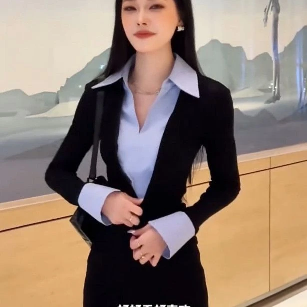 拼色假两件Polo领短款长袖衬衫女修身显瘦高级感气质上衣打底衫女