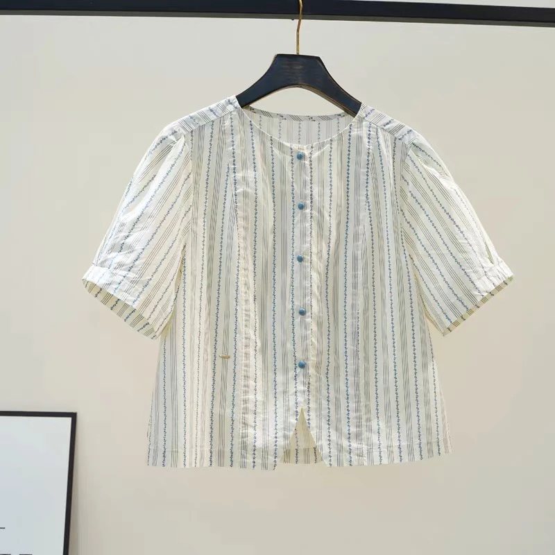 圆领泡泡袖棉衬衫女复古风短款花朵条纹衬衣2025夏季百搭气质上衣