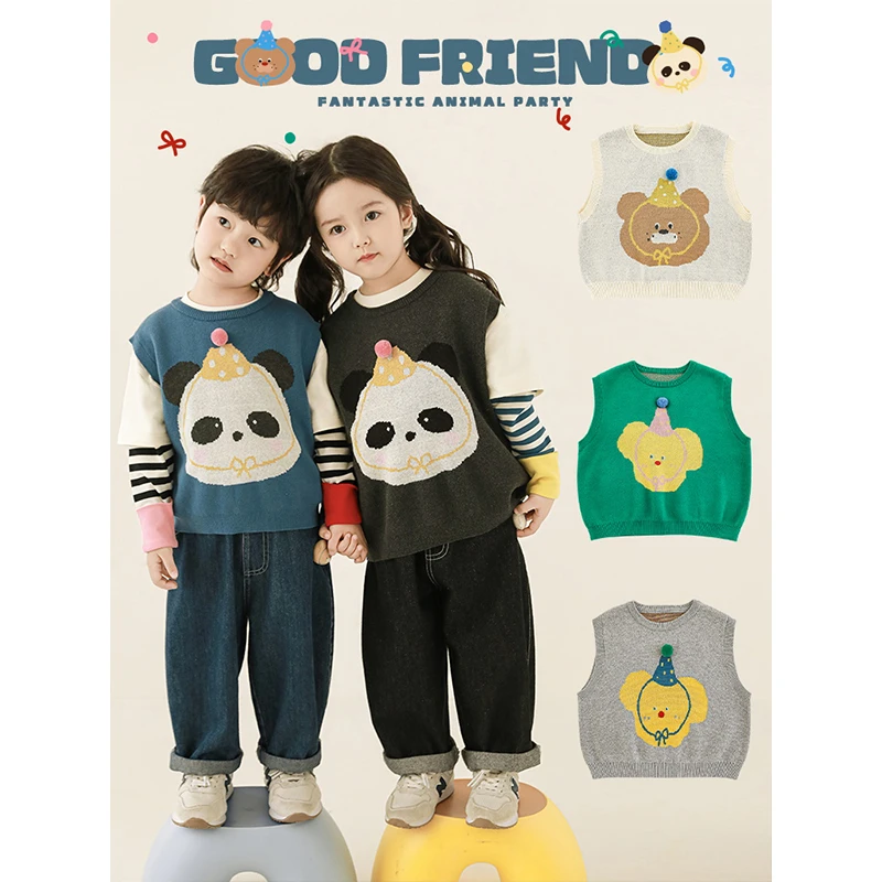 YOEHYAUL/幼悠【清货】插画春秋全棉芝麻点提花 叠穿毛衣马甲GN5129