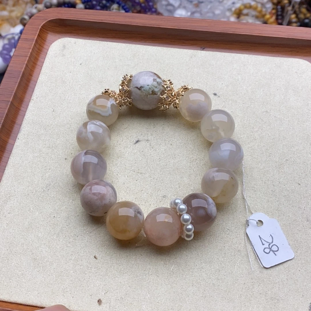 玛瑙/玉髓未镶嵌珠宝半成品一条天然17mm樱花玛瑙手链