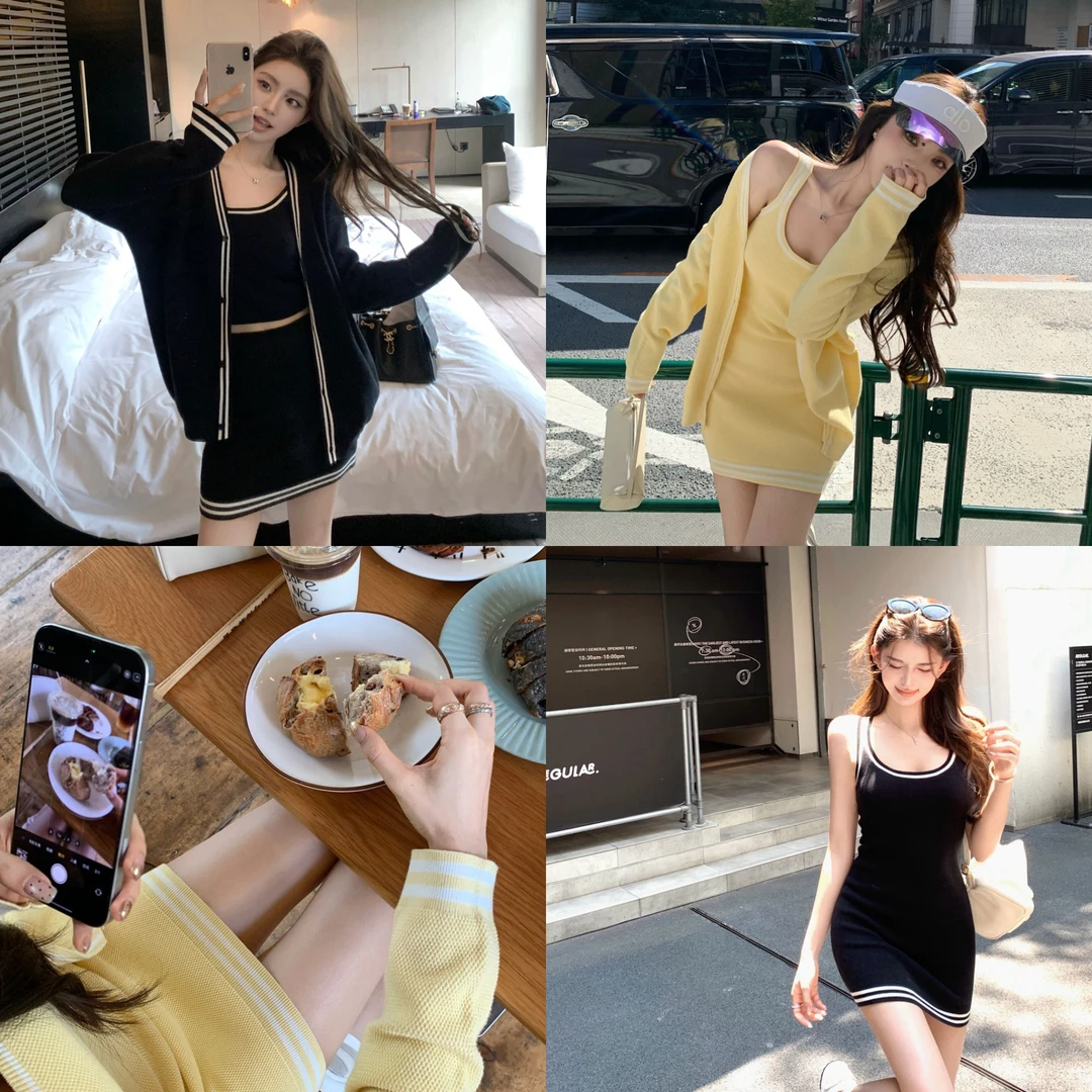 “Rich运动老钱”运动元气感网球风 美式撞色棉纱针织--时尚套装