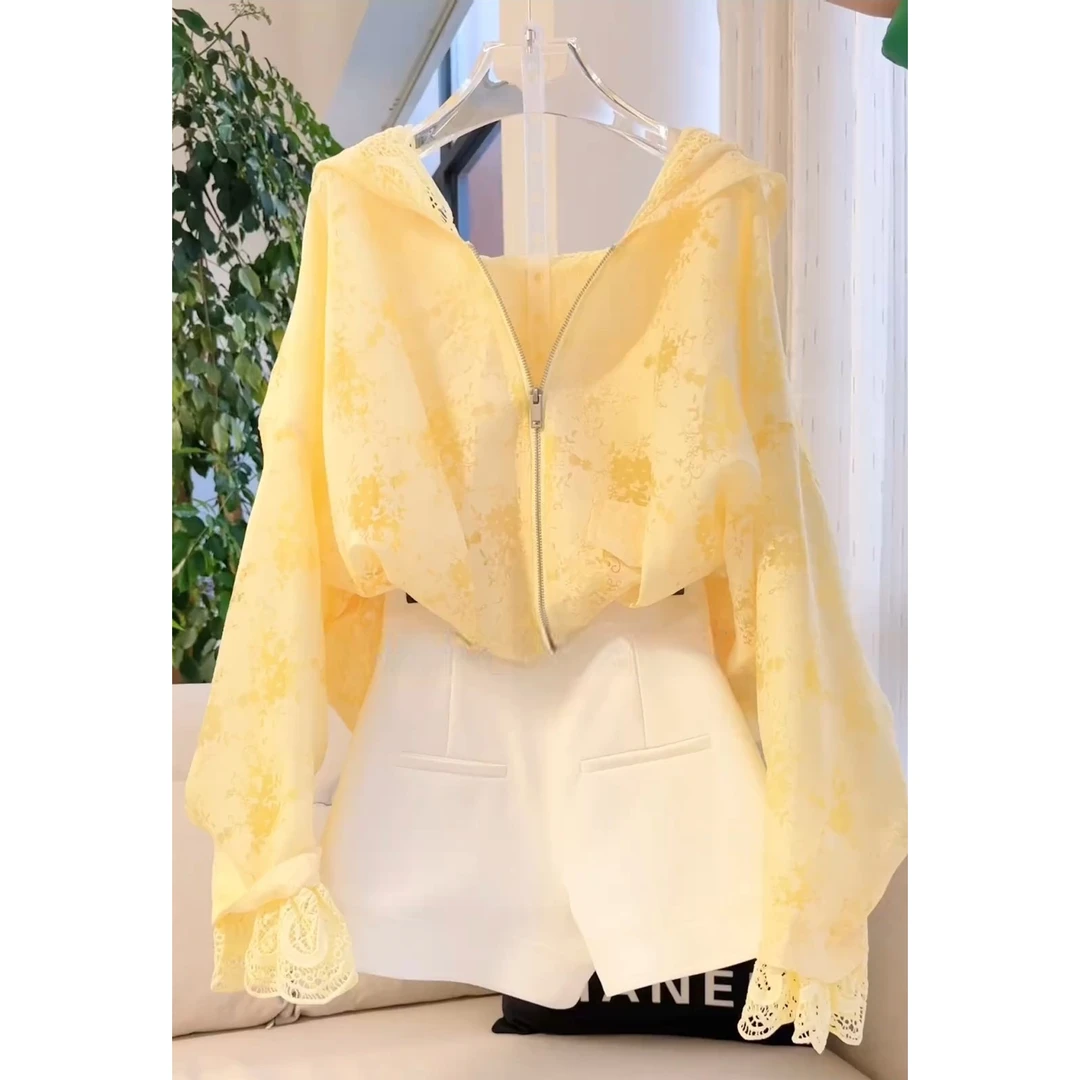 时尚蕾丝开衫上衣女春夏新款气质宽松显瘦设计感连帽防晒休闲外套