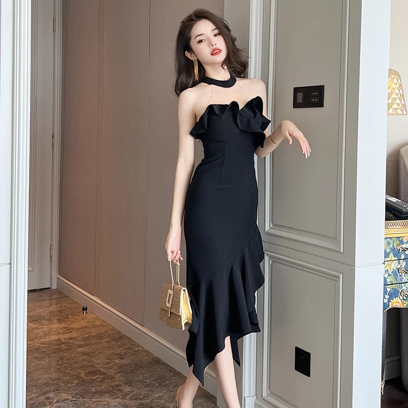 【NaiAn定制】一字肩浪漫轻奢露肩显瘦高级气质荷叶边连衣裙20495