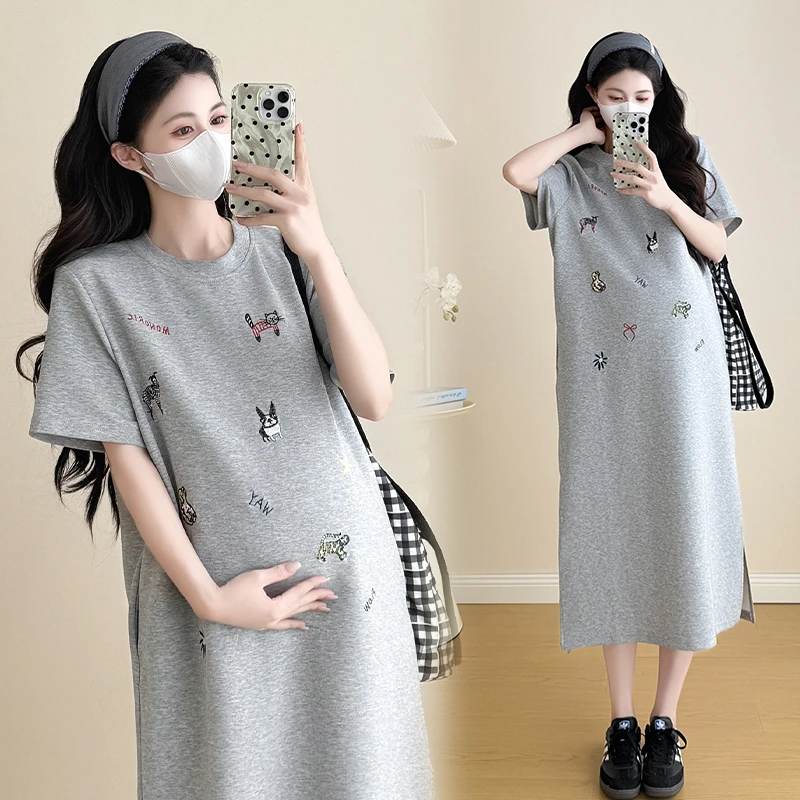 孕妇夏装连衣裙2025新款时尚刺绣显瘦长款裙子洋气时髦T恤裙夏季