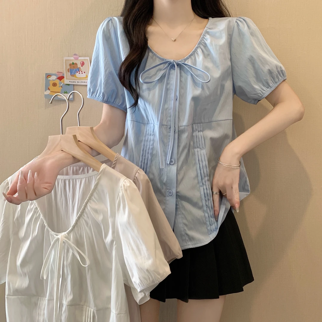 2025大码女装新款清新系带压褶泡泡袖甜美短袖衬衫3172