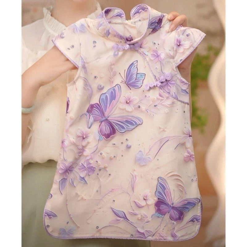 女童复古旗袍新款3D印花紫色蝴蝶2025新中式夏季改良连衣裙民族风