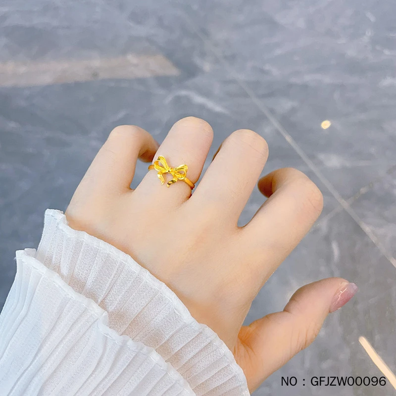 足金999 古法实心活口甜美少女心蝴蝶结戒指女戒