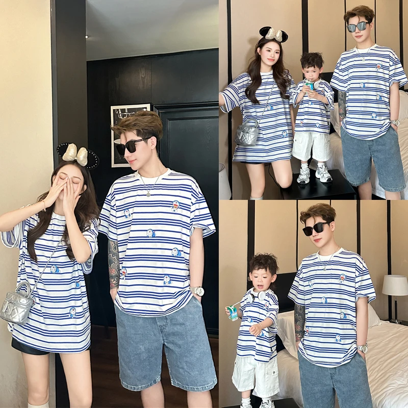 亲子装2025夏装新款一家三口卡通短袖T恤儿童婴童爬服连体衣6686