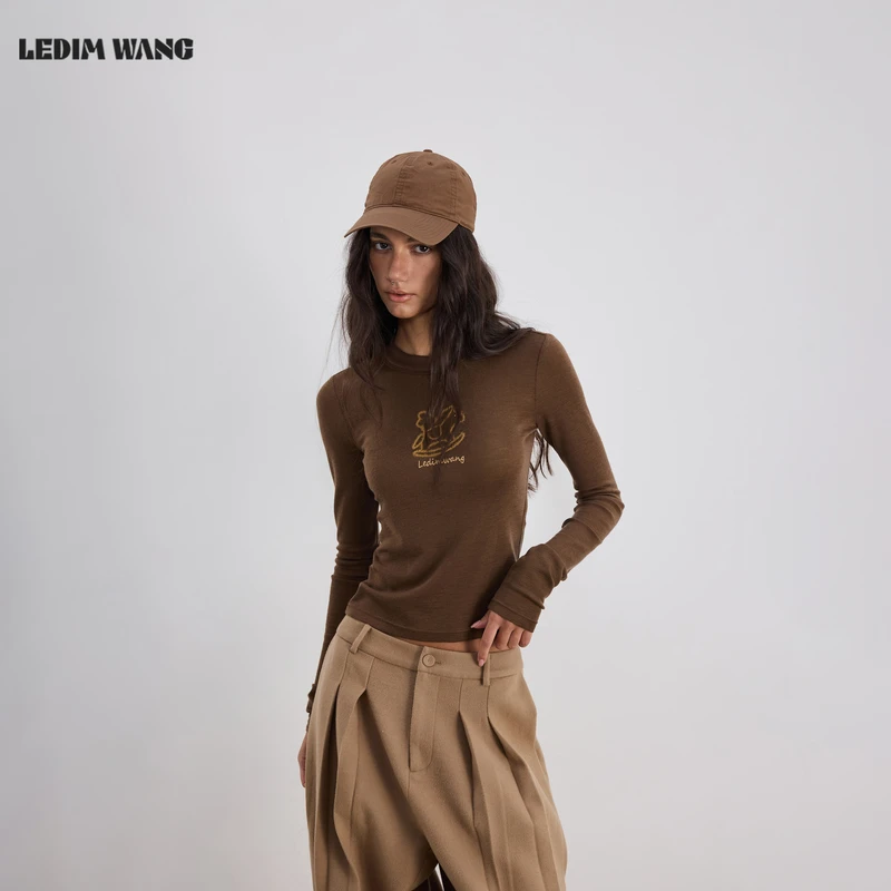 LEDIM WANG雪境小马毛针织衫女25秋冬新款修身内搭打底衫棕色上衣