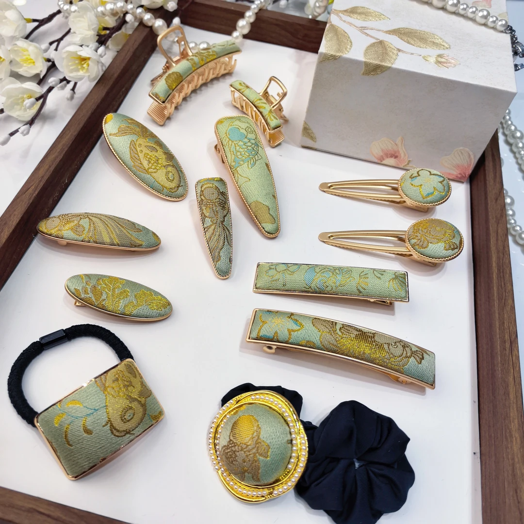 金鱼海藻 真丝宋锦配饰手工新中式复古国风发夹边夹弹簧夹发绳