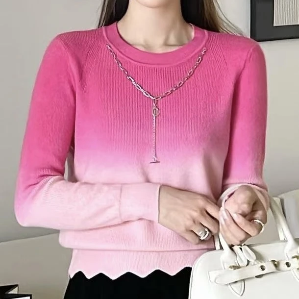 春季针织渐变色圆领链条波浪下摆女装套头毛衣