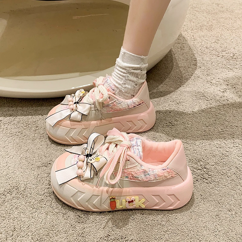 粉色蝴蝶结老爹鞋女2025春季新款爆款厚底学生踩屎感潮流休闲鞋女