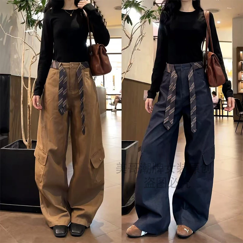 56311美式高街工装裤女2025年秋季新款结构口袋窄版直筒裤休闲裤