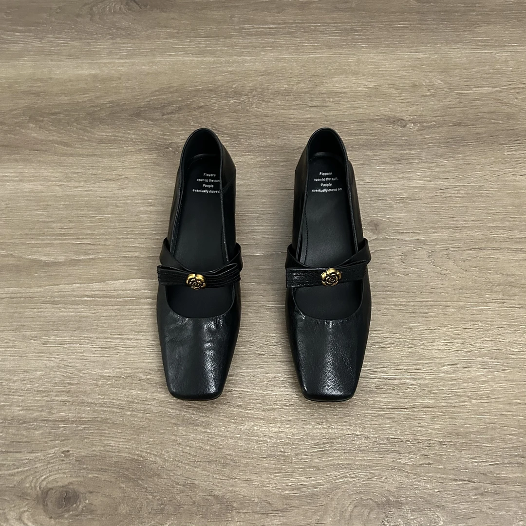 Dannyfery头层羊皮复古气质山茶花一脚蹬小众通勤女百搭单鞋3.5CM