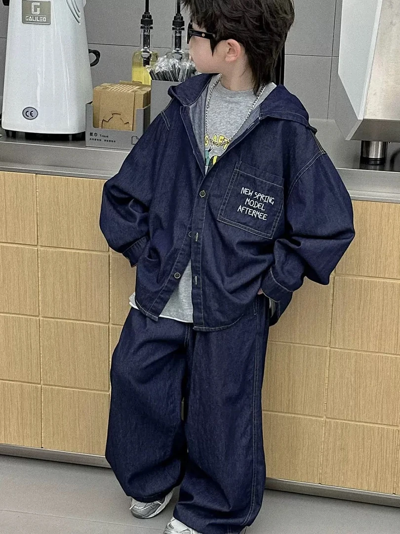 套装丹宁色25款牛仔连帽款上衣外套宽松牛仔长裤男童女童套装