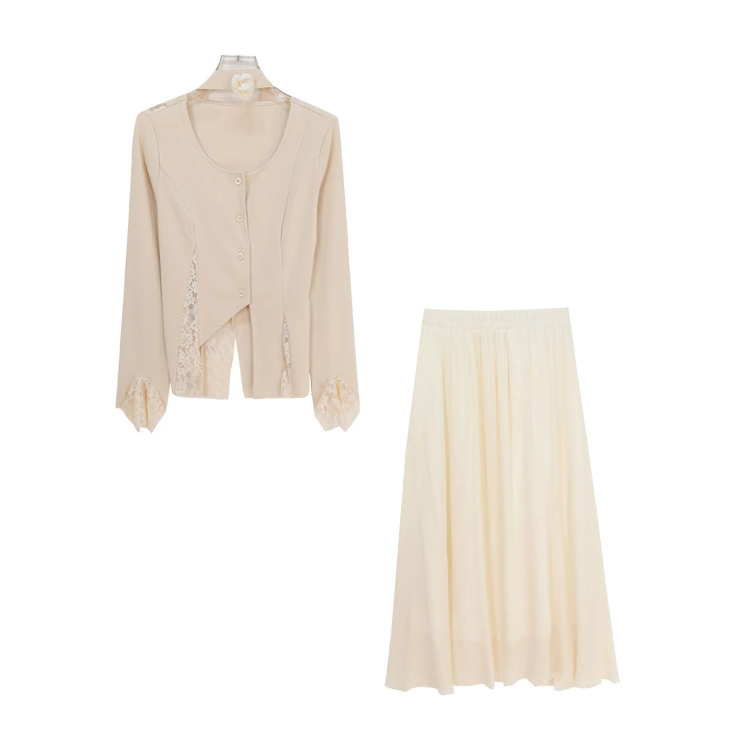 法式蕾丝拼接长袖上衣百褶半身裙套装S937