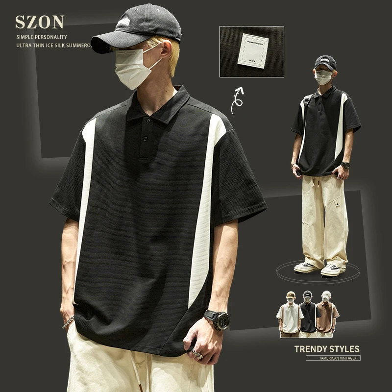 短袖polo衫男大码美式拼色百搭翻领上衣休闲半袖翻领上衣潮男装