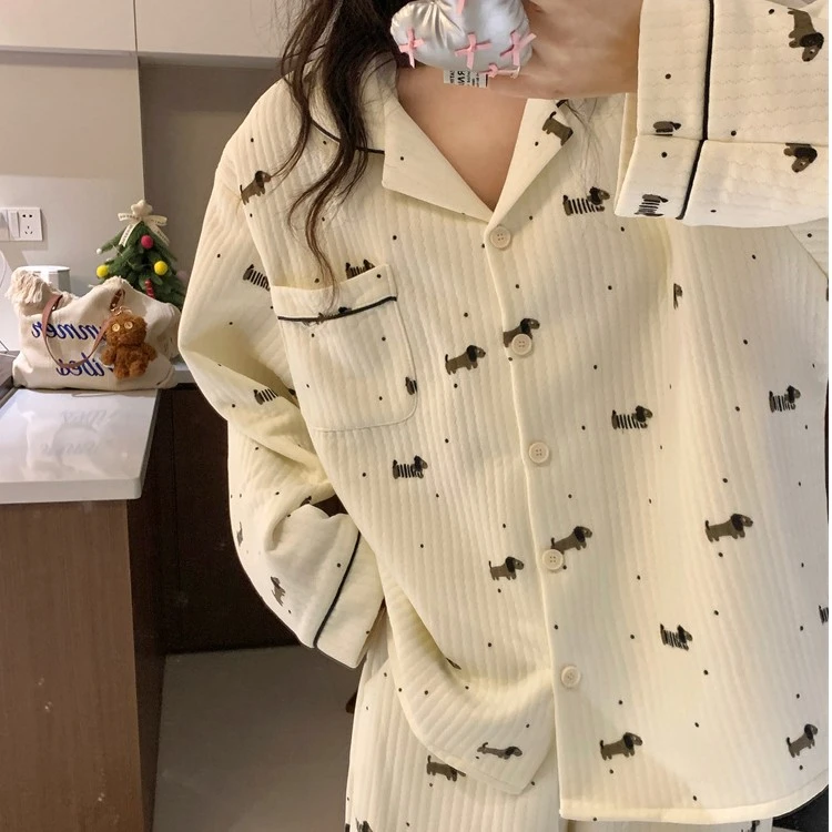 【夹层点点香肠狗】长袖睡衣女保暖空气棉夹层可爱学生秋冬家居服