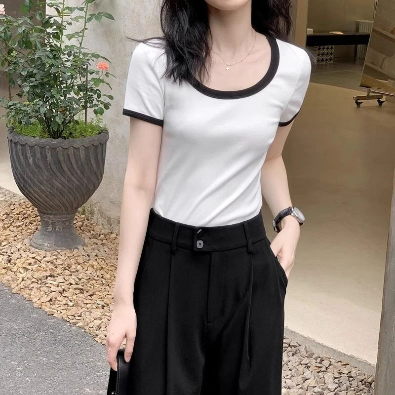 宽松显瘦正肩短袖t恤女U领撞色百搭圆领胖妹妹大码女装夏季上衣