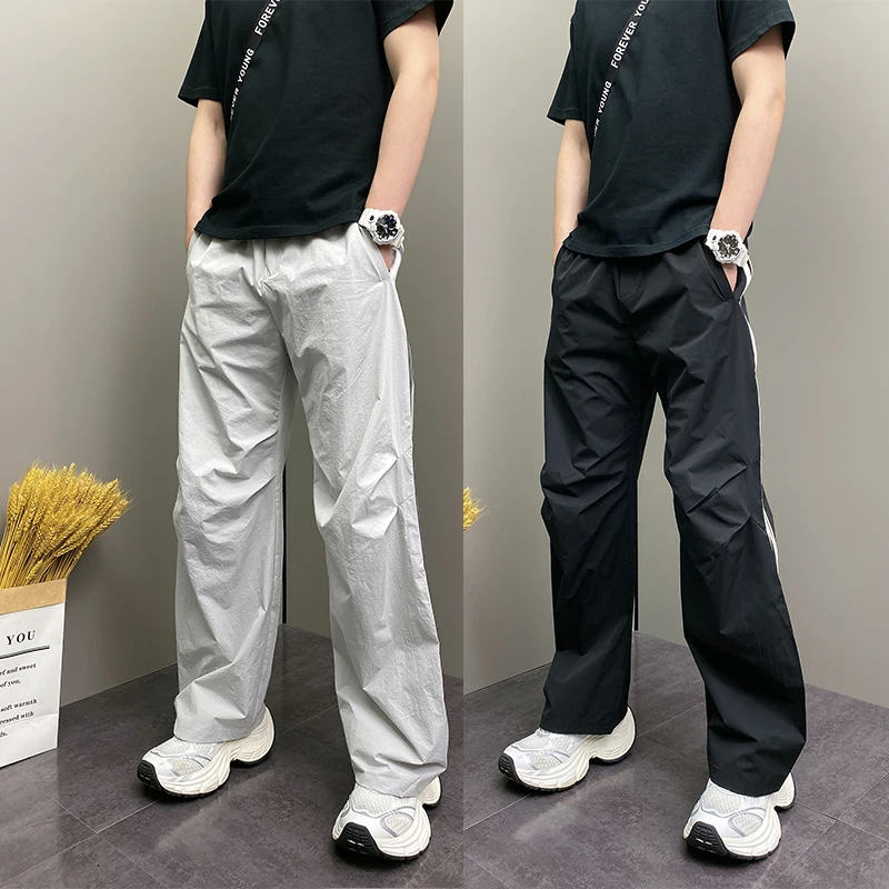 2025夏季薄款潮流韩版痞帅宽松哈伦裤青年男士条纹休闲直筒阔腿裤
