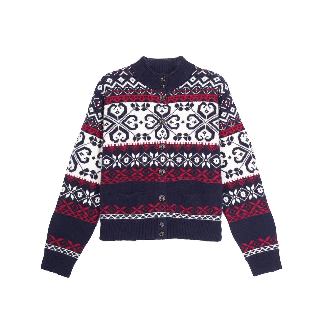 【皇宫卫士】费尔岛提花立领拉链针织开衫女秋冬新款宽松软糯.