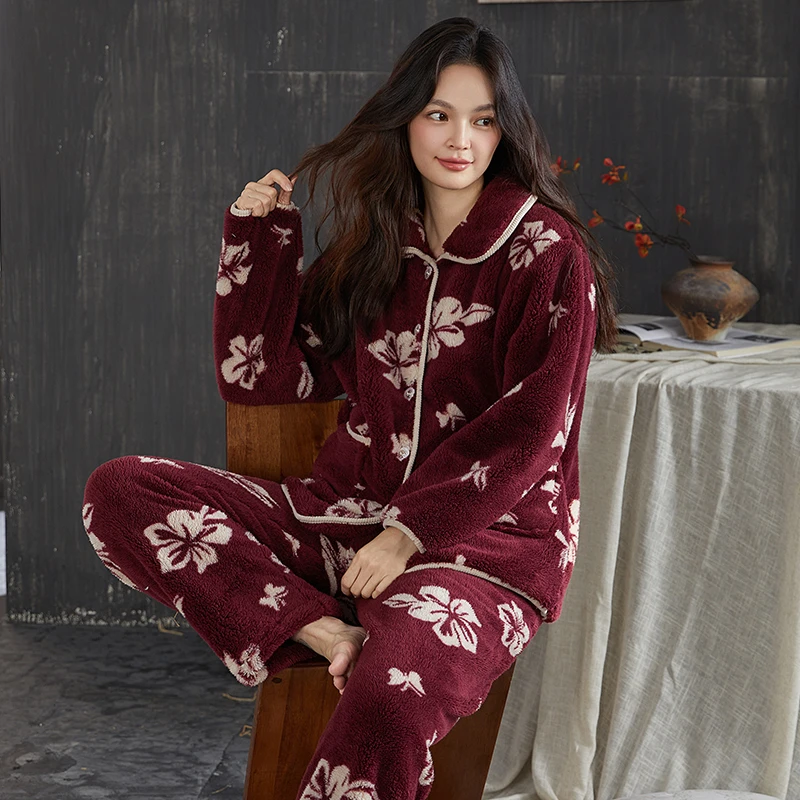 睡衣女士秋冬季冬天冬款珊瑚绒加厚加绒保暖法兰绒家居服大码套装