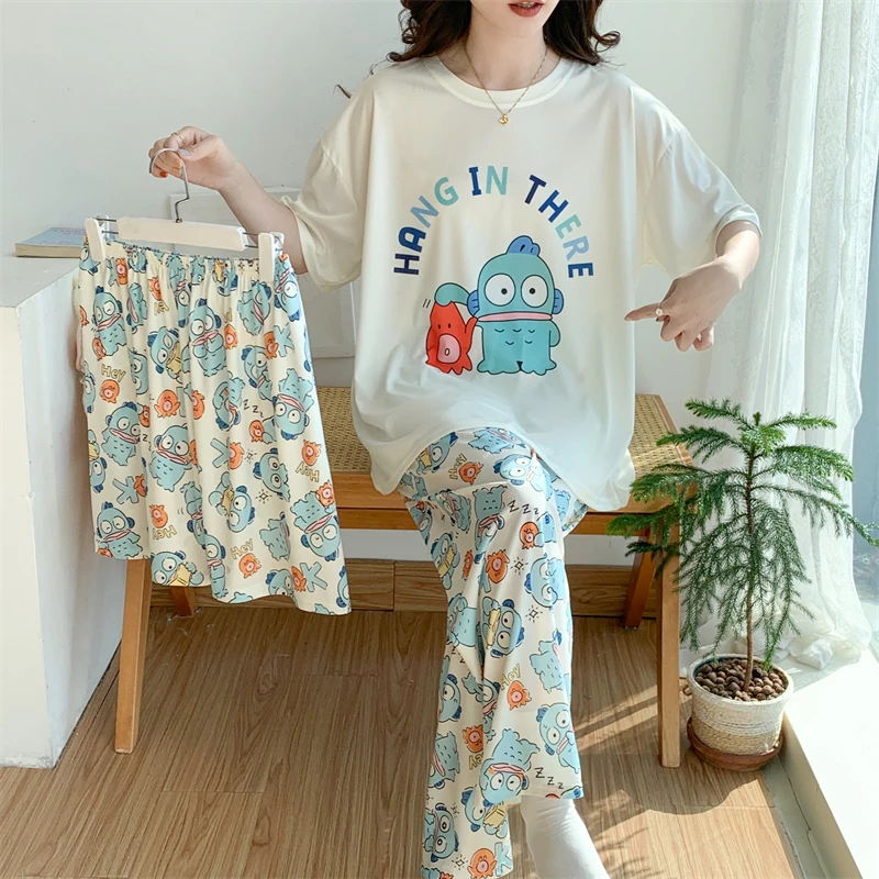 300斤大码三件套凉感冰爽宽松冰丝睡衣女短袖长裤胖M居家