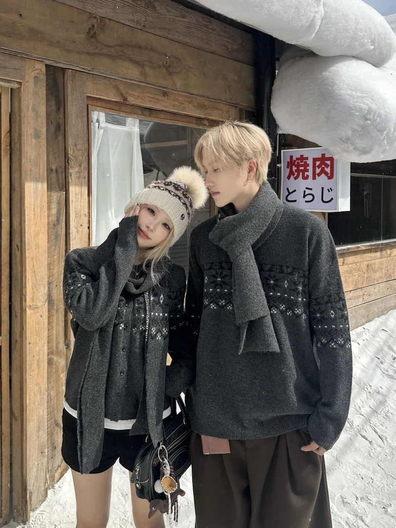 情侣装秋冬长袖毛衣开衫款网红韩版针织衫带围巾保暖宽松