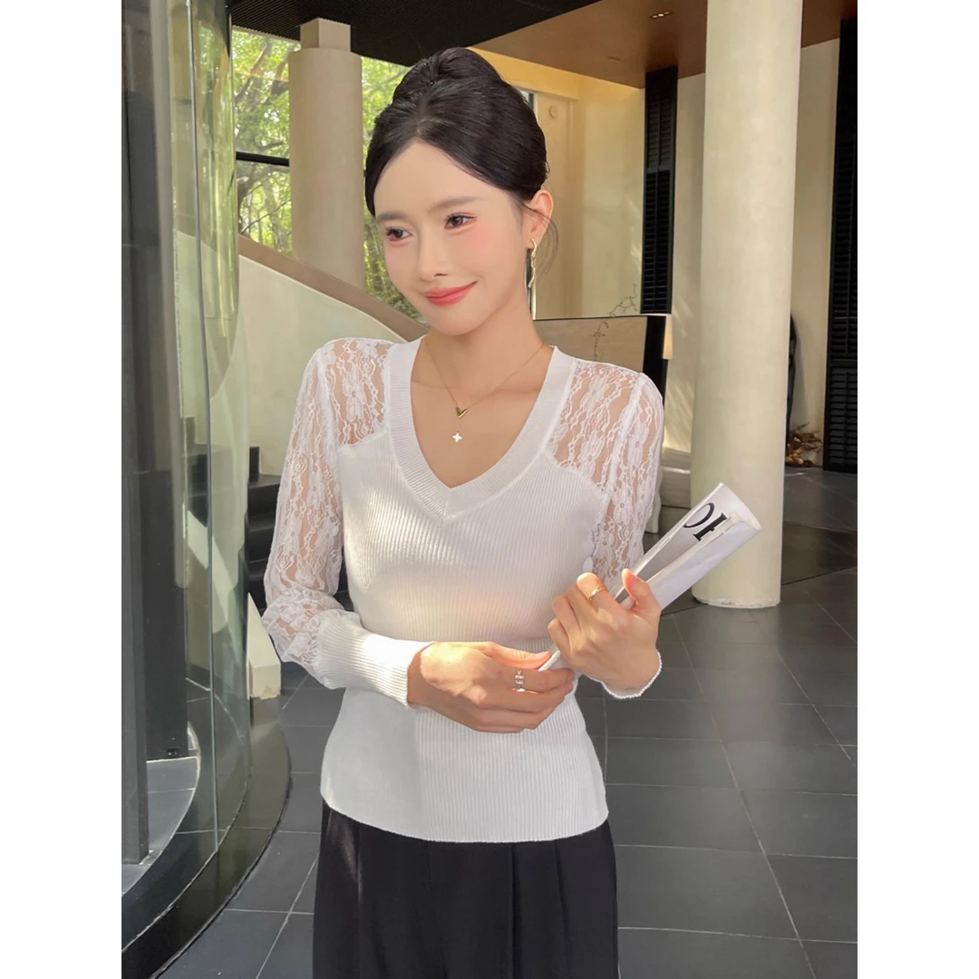 v领白色打底衫女蕾丝拼接春秋季高级感长袖针织内搭上衣2025新款